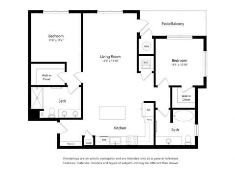 Floor plan for 2 beds, 2 baths, 1139 sqft